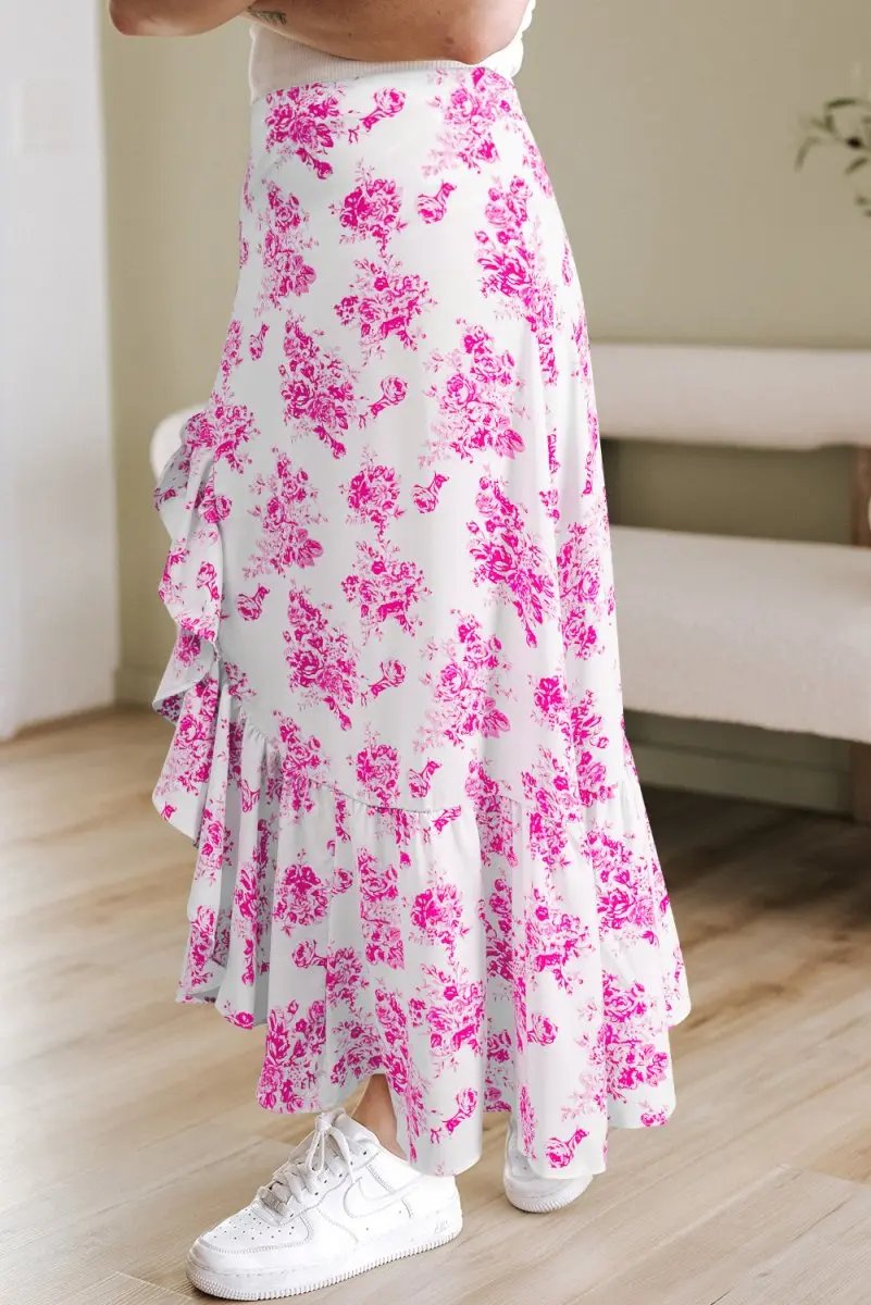 Rose Boho Floral High Waist Ruffle Split Maxi Skirt for Women - Love Salve